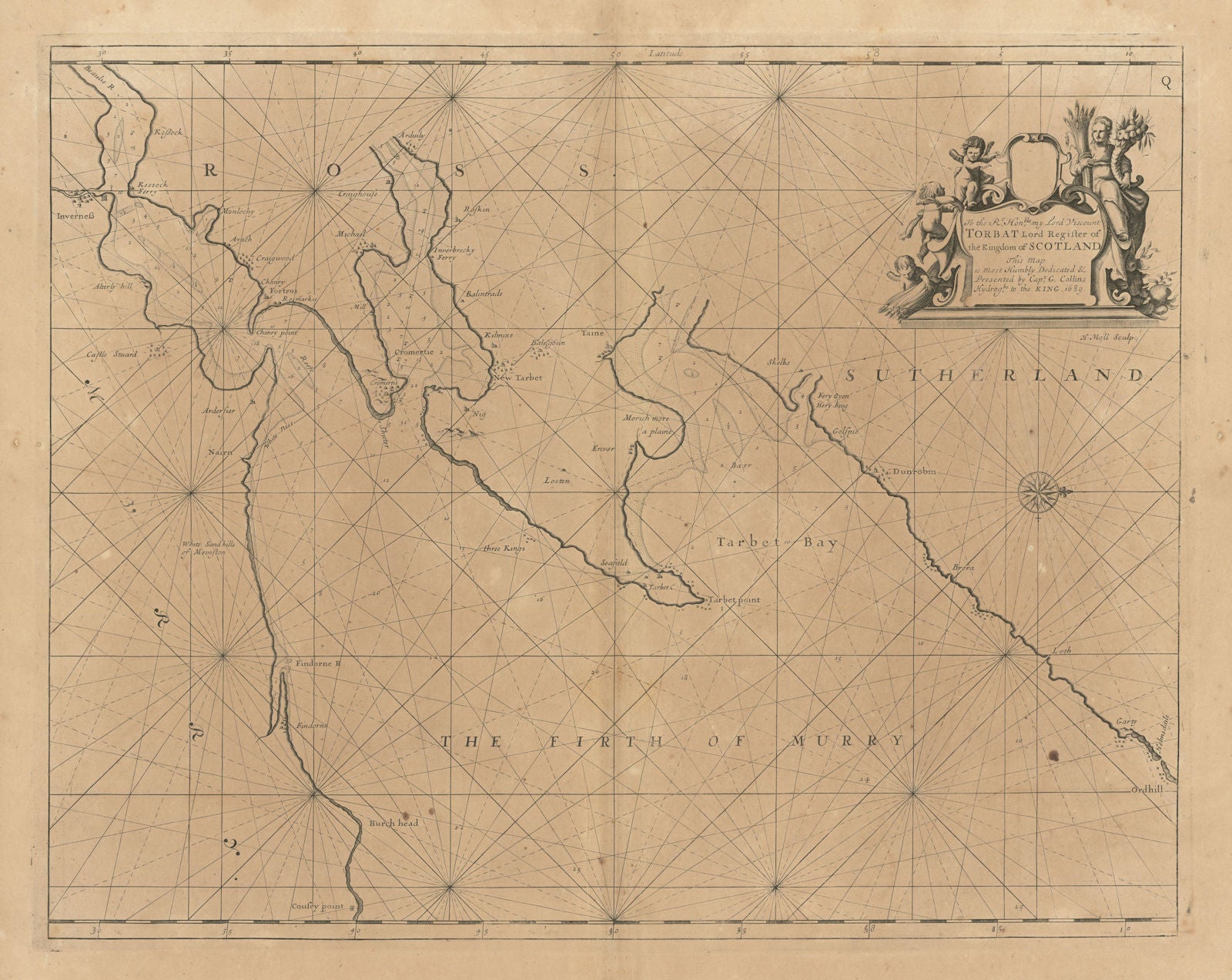 Firth of Murry. MORAY FIRTH sea chart Inverness Cromarty. COLLINS 1693 old map